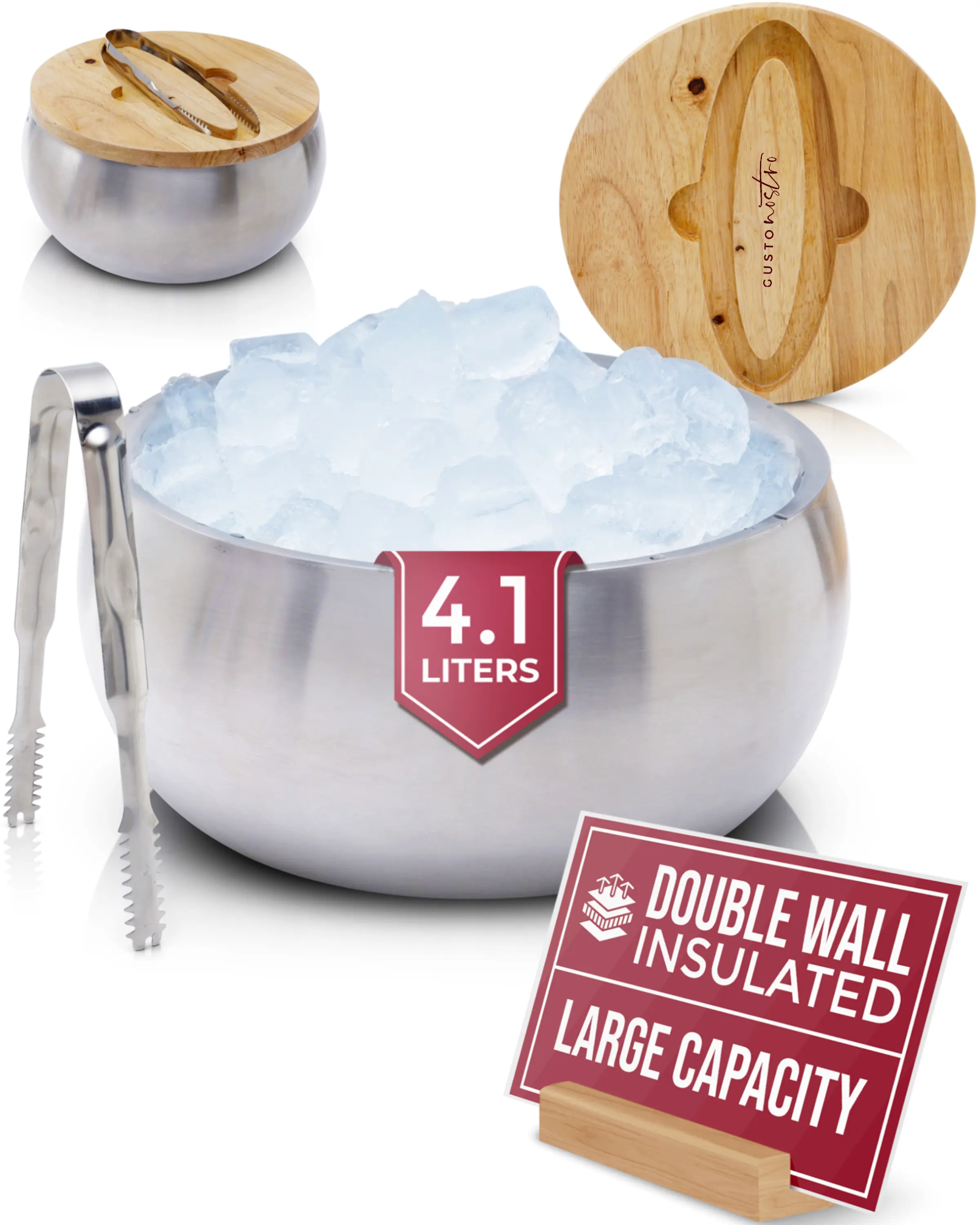 Ice Bucket Kit 4.3 Quarts Double Wall Insulated  with Wooden Lid and Tongs