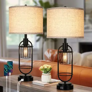 29" Tall Table Lamps Set of 2 for Living Room with USB Ports, 2-Light Bedside Lamps, Farmhouse Nightstand Lamp with Cream Fabric Shade, Industrial Desk Lamp for Bedroom End Table Reading Lamp E26 Base