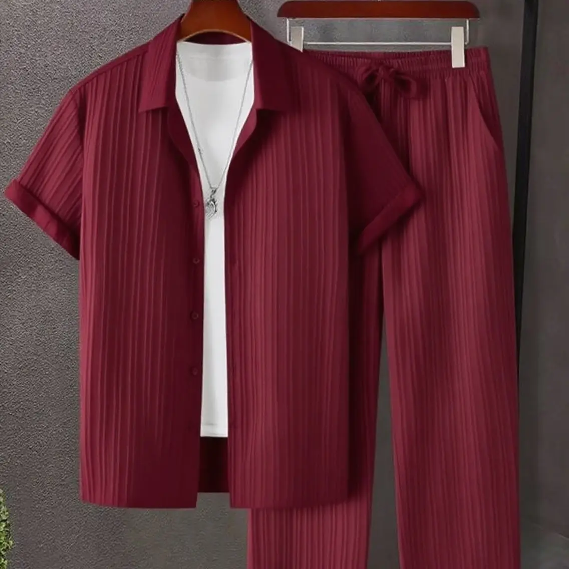 KZZ Men's Maroon Button-Front Shirt & Drawstring Pocket Trousers Set - Casual Short Sleeve Fitted Shirt & Elastic Waist Trousers for Summer Wear - For