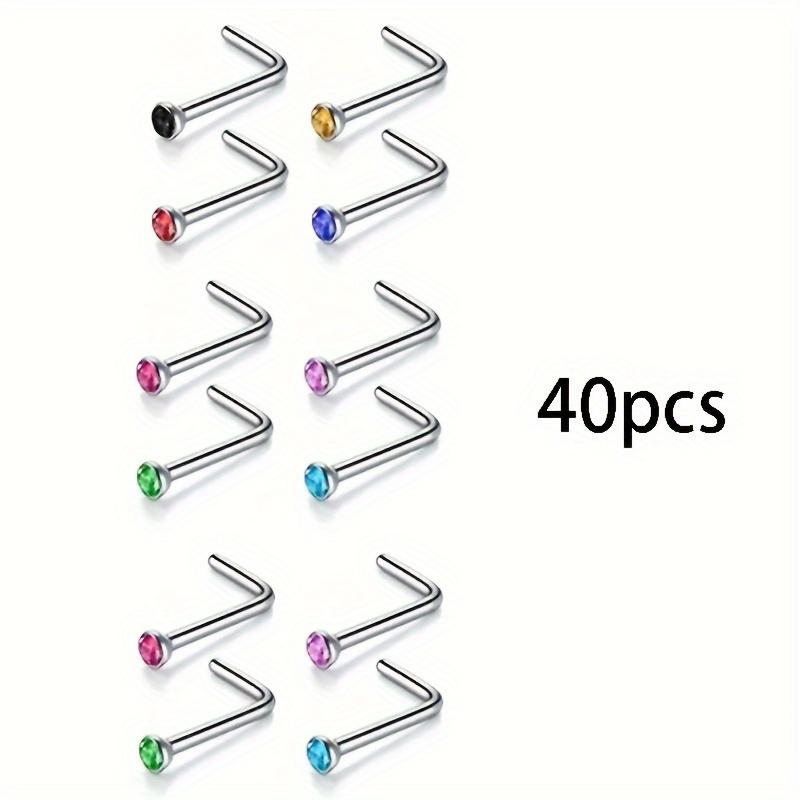 [40pcs Classic Stainless Steel Stud] 40pcs Bohemian Colorful Zirconia Exquisite Shiny Stainless Steel Nose Stud Body Piercing Jewelry Set Vacation Travel Beach Body Piercing Jewelry