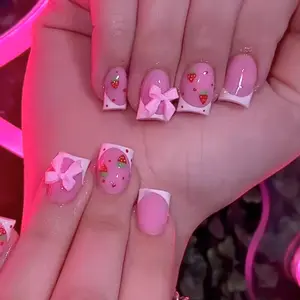 24Pcs French Fake Nail with Pink Bow Short Strawberry Pattern Press on Nails Full Cover False Nails Wearable Square Nail Tips