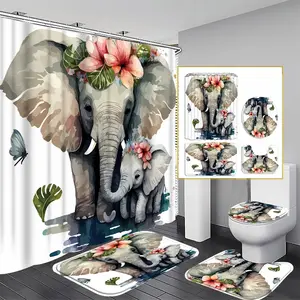 ELEPHANT 4Pcs Shower Curtain Set Non-Slip Bath Mat Toilet Cover U Shaped Mat 72x72 inch with Hooks Eco-Friendly Polyester High-Resolution Prints for Bathroom perfect bathroom decor