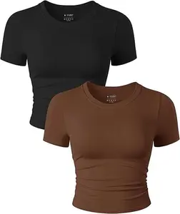 Womens 2PK Short Sleeve Crew Neck T-Shirts Ruched Seamless Slim Fitted Crop Tops Casual Basic Summer Outfit Ribbed Soft Fabric Minimalist Streetwear Solid Tee