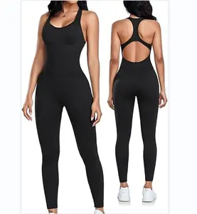Women's Workout Jumpsuits Yoga Gym Bodycon Rompers Sexy Racerback Tummy Control Padded Bra Unitard Stretchable Activewear
