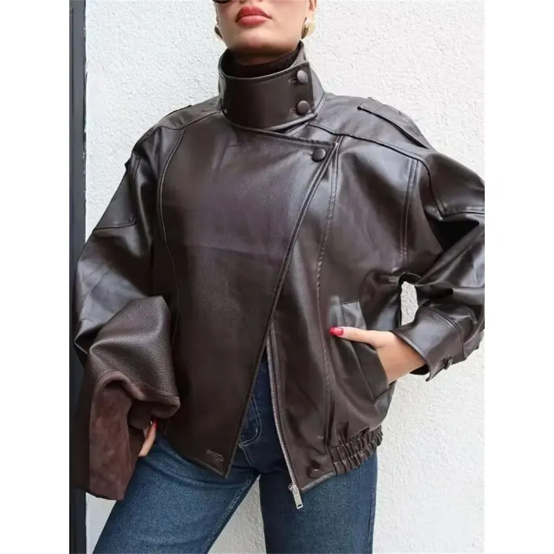Women's Oversized Black Faux Leather Bolero Coat - Stand Collar, Long Sleeves, Elastic Loose Fit, Waterproof, Windproof, Chic Elegant Spring Outerwear, Full Coverage Essential Piece (XXS), Style, Coats, Baggy, Lady, Comfortable, Elegance, Jacket, Longslee