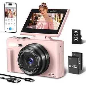 4K Digital Camera for Photography, 64MP Vlogging Camera for YouTube with 3" 180? Flip Screen, WiFi Compact Camera with 18X Digital Zoom, Comes with 32GB  SD Card & 2 ,