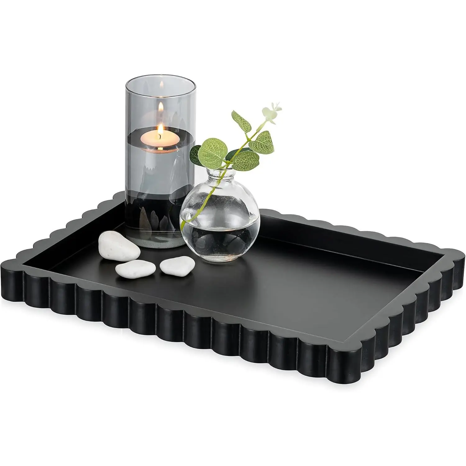 Hanobe Decorative Tray for Coffee Table: Wooden Ottoman Trays for Living Room Home Decor - 14" Black Modern Centerpiece Topper Dining Table Bathroom Entryway