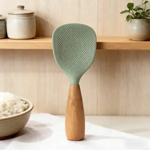 Short Wooden Handle Silicone Spatula, Multifunction Spatula Cooking Spoon, Silicone Spoon with Wooden Handle, Heat-insulation Heat-resistant Spoons for Rice Cooker