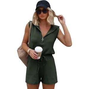 Imily Bela Women's Casual Sleeveless Short Rompers Summer Half Zip Lapel Collar Drawstring Knit One Piece Jumpsuit with Pockets