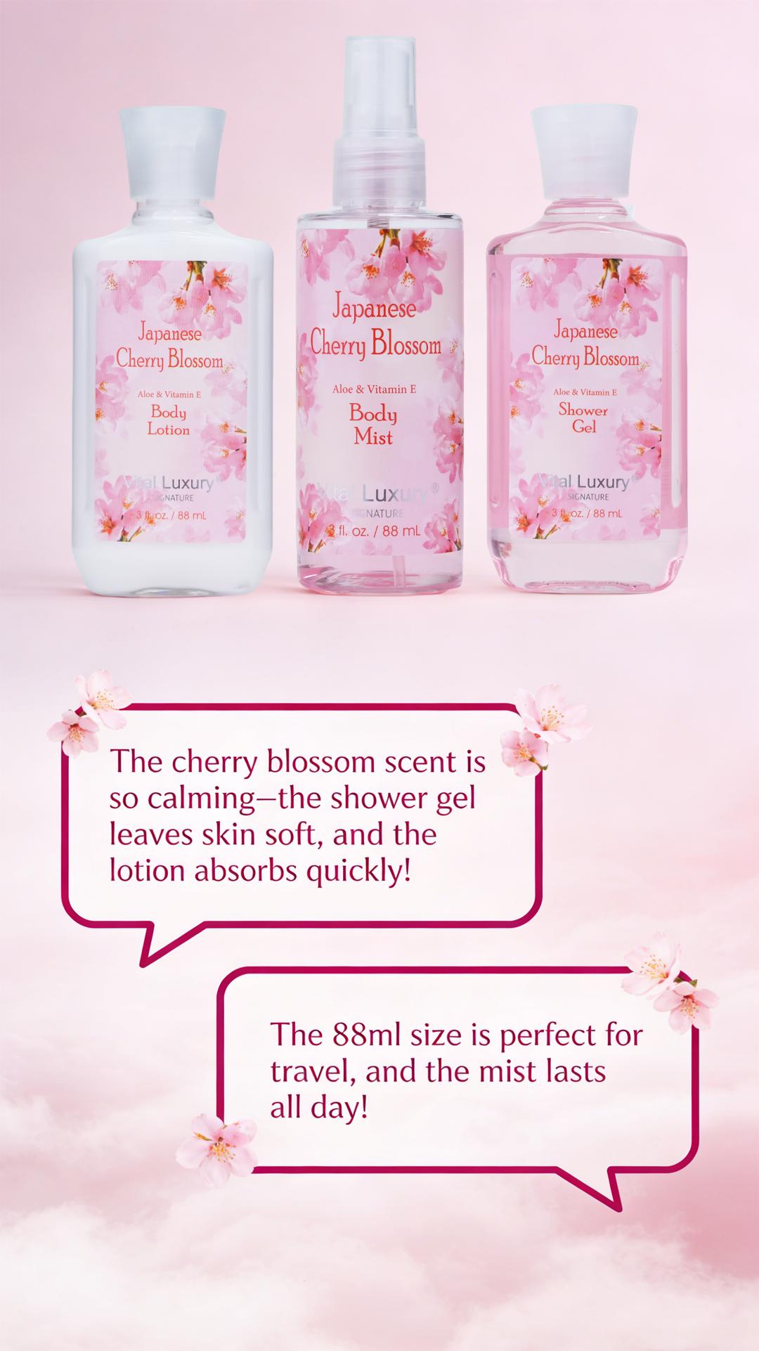Japanese Cherry Blossom Bath & Body Travel Set – 3oz Shower Gel, 3oz Body Lotion, 3oz Body Mist & 2.5oz Bath Salts | Silky Lather, All-Day Fresh Scent, Moisturizing & Revitalizing | Ideal Gift for Mom, Wife, Sister & Girlfriend Japanese Cherry Blossom Bath & Body Travel Set – 3oz Shower Gel, 3oz Body Lotion, 3oz Body Mist & 2.5oz Bath Salts | Silky Lather, All-Day Fresh Scent, Moisturizing & Revitalizing | Ideal Gift for Mom, Wife, Sister & Girlfriend