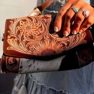 Tooled crossbody cowhide  clutch