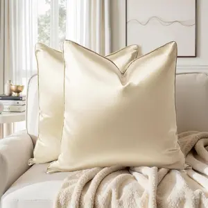 Champagne Decorative Throw Pillow Covers 24x24 Set of 2, Glossy Faux Silk Pillow Covers for Couch Sofa Bed Decor Luxury Summer Euro Sham Covers