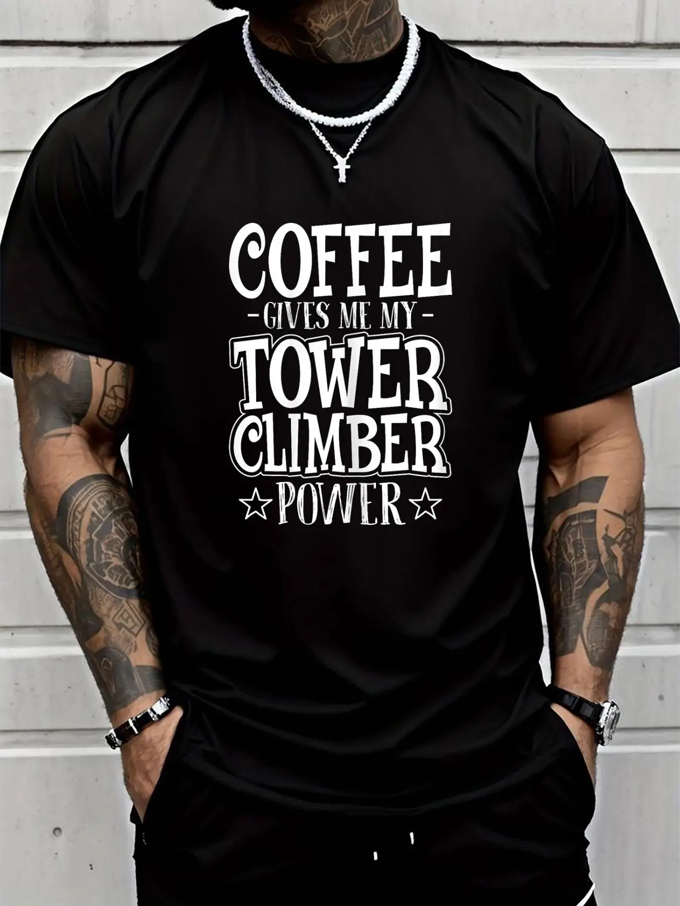 100% cotton Coffee Gives Me My Tower Climber Power - Cell Tower Climbing T-Shirt Men Graphic T-Shirt Cotton Print short Sleeve Casual Top, Summer Tee Mens Tops