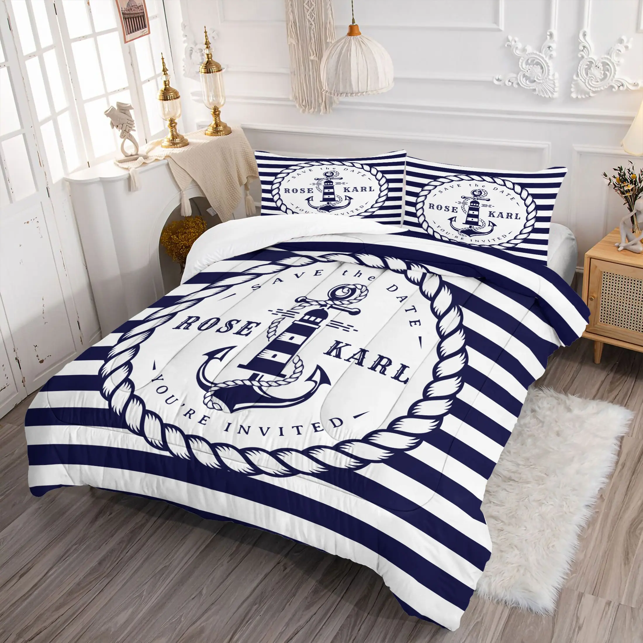 2/3Pcs Nautical Lighthouse Anchor Comforter Set, Navy Blue Striped Quilt with Pillowcases (Pillows Not Included), Coastal Bedding Set for Beach House & Bedroom, All-Season Soft Microfiber Maritime Decor