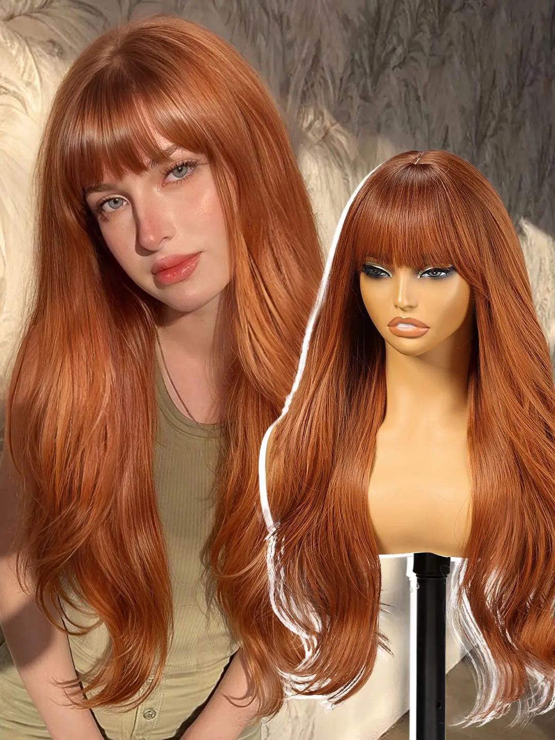 KOME Long Auburn Wigs with Bangs,Ginger Layered Wavy Synthetic Wig for Women Party Daily Use 26IN