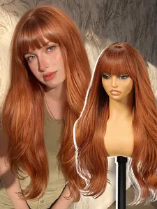 KOME Long Auburn Wigs with Bangs,Ginger Layered Wavy Synthetic Wig for Women Party Daily Use 26IN