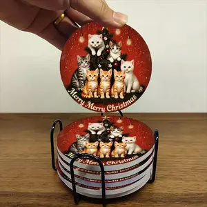 6-piece ceramic coaster set, featuring a cheerful Christmas tree and cute kitten holiday illustrations. Heat-resistant, non-slip coasters with holders, perfect for home, dining, and beverage decoration.