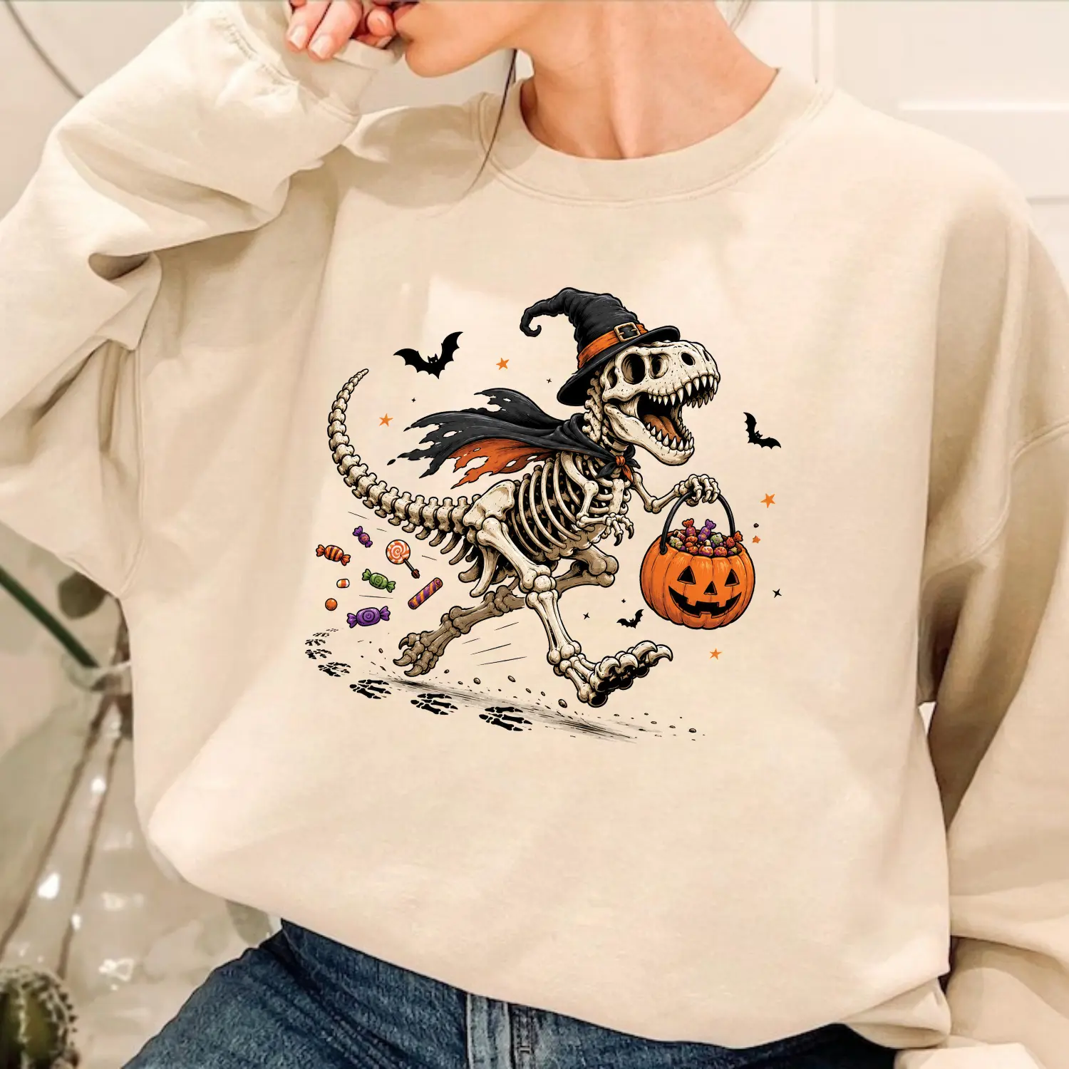 Women's Polyester-Spandex Casual Hoodie - Ribbed Bottom, Flat Style, Skeleton Dinosaur Graphic, T Rex Crewneck, Spooky Dino Pumpkin Top, Vintage Halloween Fall Gift, Everyday, Fitted