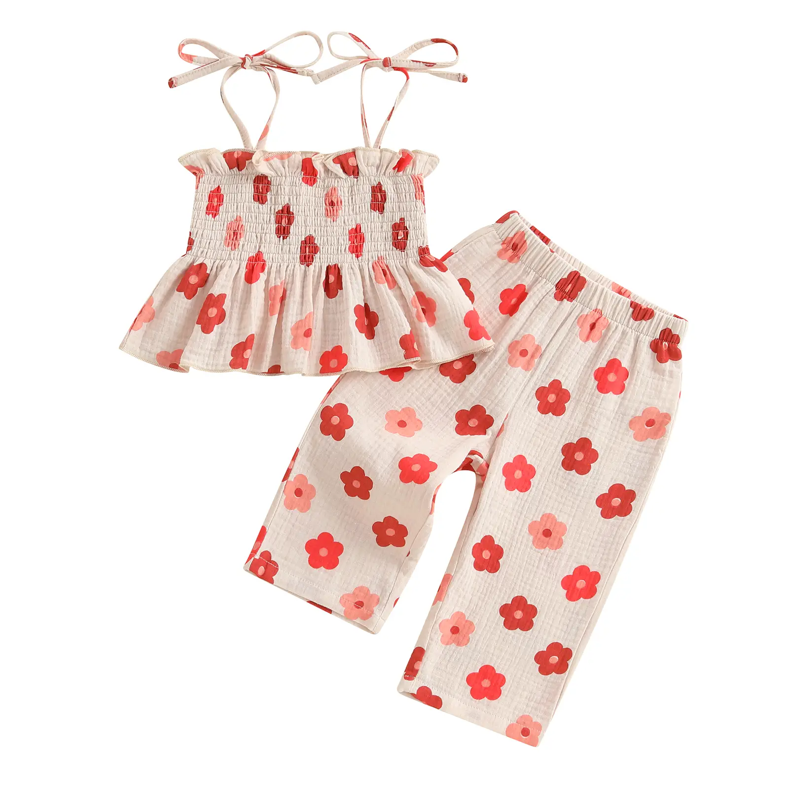 Kids Girls 2Pcs Summer Outfits Floral Tie Up Straps Sleeveless Camisole Elastic Flared Pants Cute Clothes Set