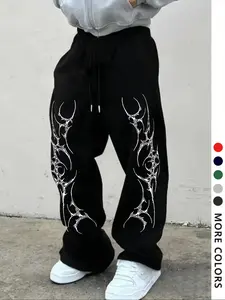 Men's Casual Sports Pants, Thorn Pattern Print Sweatpants, Drawstring Wide Leg Loose Fit, All Season Men's Fashion Long Pants, Athleisure Style Bottoms, Casual Sport Trousers