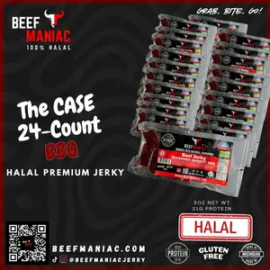 Halal Beef Jerky Case 24-Count BBQ by Beef Maniac | Natural Hardwood Smoked Premium Jerky Made in Michigan