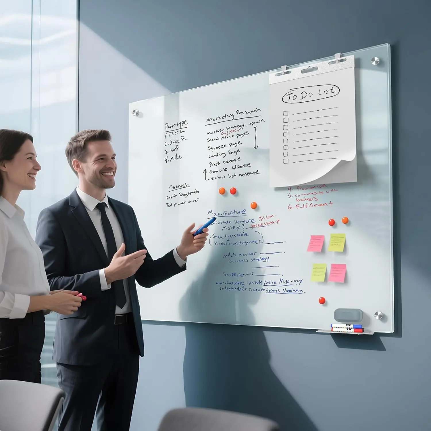 MaxGear Durable Tempered Glass Magnetic Dry Erase Board - 48''W x 36''H 48x36 in Modern Frameless Wall-Mounted Office Stationery, House Decoration for Adults, Easy Erasing Surface, Includes Markers, Eraser, Magnets, Mounting Kit