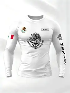 Men's Mexico Theme Tight-Fitting Long Sleeve T-Shirt, National Emblem & Mexico Print, Elastic Fabric, Casual Gym Streetwear Top, Athletic Sports Clothing
