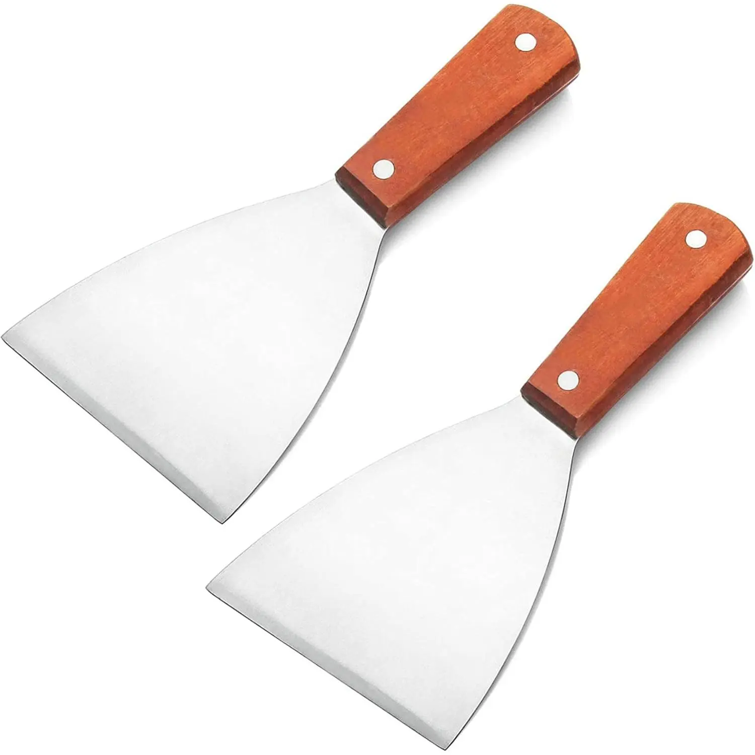 2-Count Heavy Duty Stainless Steel Slant Grill Griddle Spatula Scraper Set with Wooden Handles, Diner-Style Flat Straight Tool for Barbecue, Essential Grill Utensils & Accessories