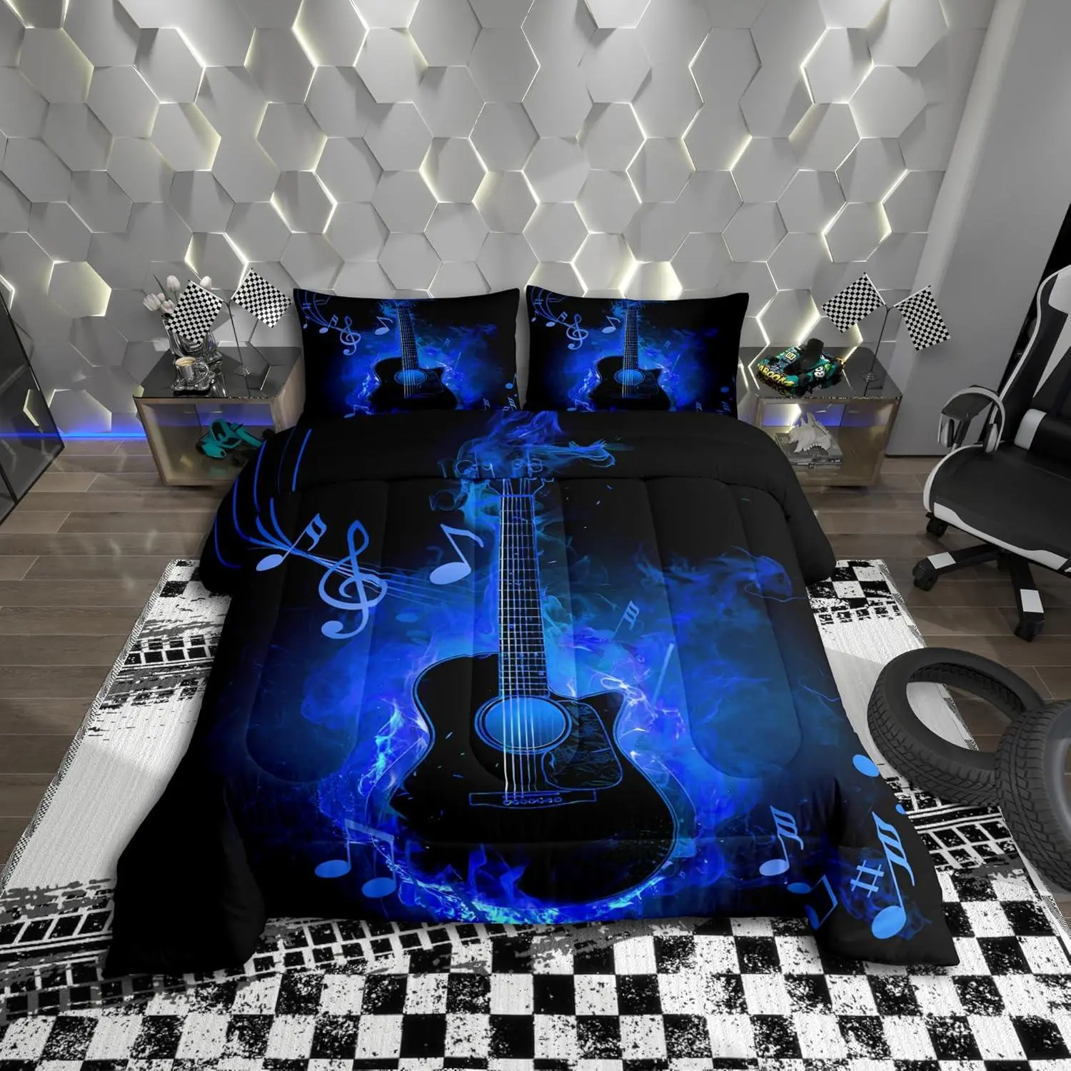 Electric Guitar Comforter Set,Rock Music Theme Guitar Musical Notes Bedding Set for Kids Teens Bedroom,Neon Blue Glowing Modern Artistic Quilt Set,Blue Black