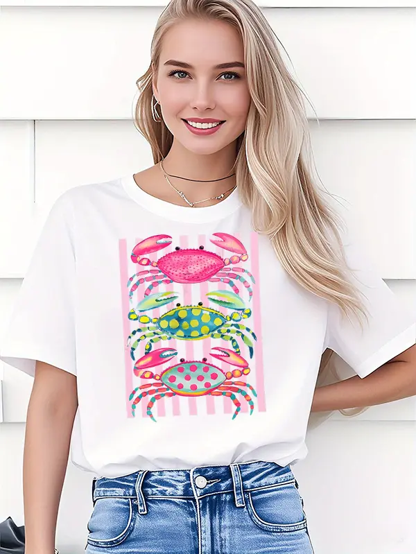 Women's Cute Watercolor Marine Life Graphic White T-Shirt, Pink Striped Background Vibrant Marine Life Crew Neck Short Sleeve Summer Casual Tee For Vacation & Daily Streetwear
