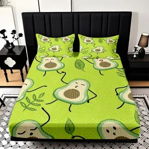 2/3 Piece Cartoon Expression Avocado Theme Pattern Fitted Sheet Set(1*Fitted Sheet+1/2*pillowcase,no Filling)soft And Comfortable Bedding Set,all Season Use,machine Washable,perfect Gift For Family Festivals Christmas New Year