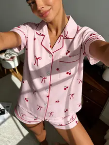 Women's Cherry Bow Printed Sleepwear Set, Short Sleeve Shorts Lapel Open Front Home Wear Two-Piece Set, Comfortable All Seasons