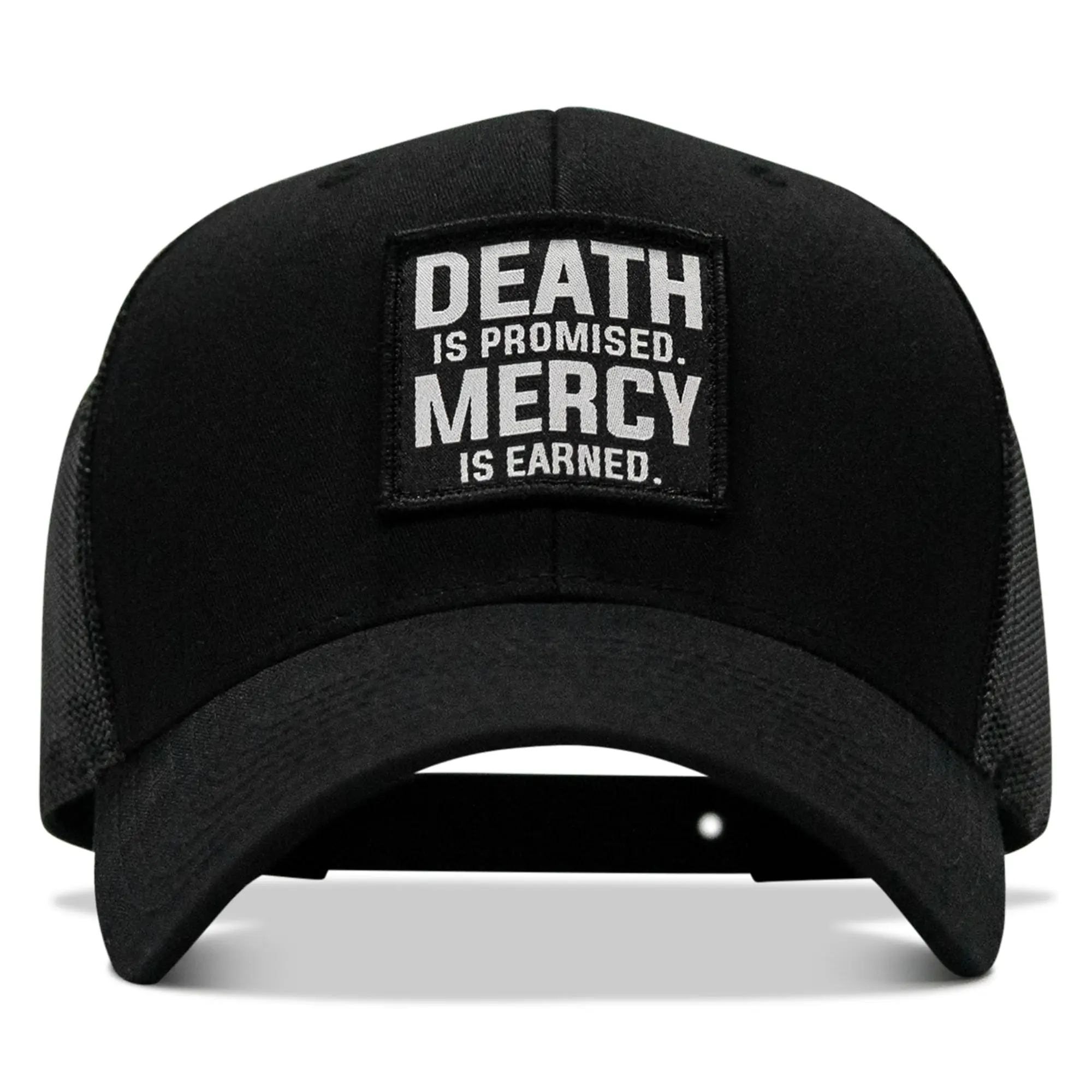 "Death Is Promised, Mercy Is Earned Custom Patched Snapback Hat - Adjustable, Casual, Everyday Wear, One Size Patch Logo Fabric Cap", Custom Patched Hats, Patch Logo Hats