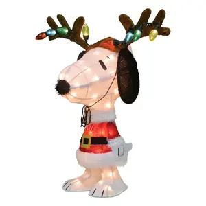 ProductWorks Peanuts Pre-Lit 3D Snoopy Reindeer with Antlers & Santa Coat Christmas Decoration 70 LED Lights Steel Fabric Multicolor Ornaments Festive Holiday Decor Lighted Lantern