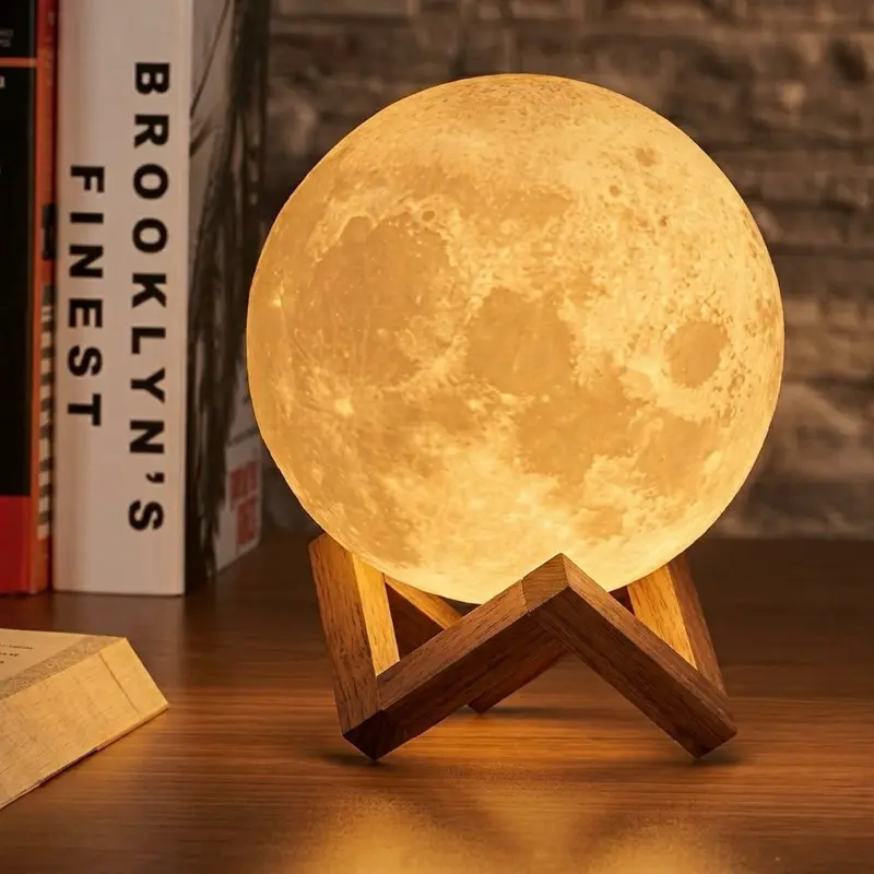 Moon Lamp - LED Night Light with Wooden Base - Perfect for Home Decor & Ambiance - Soft Glow for Relaxation