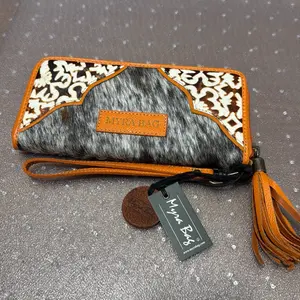 Myra Bag Cowhide Wristlet Wallet with Tassel and Zipper Closure for Women