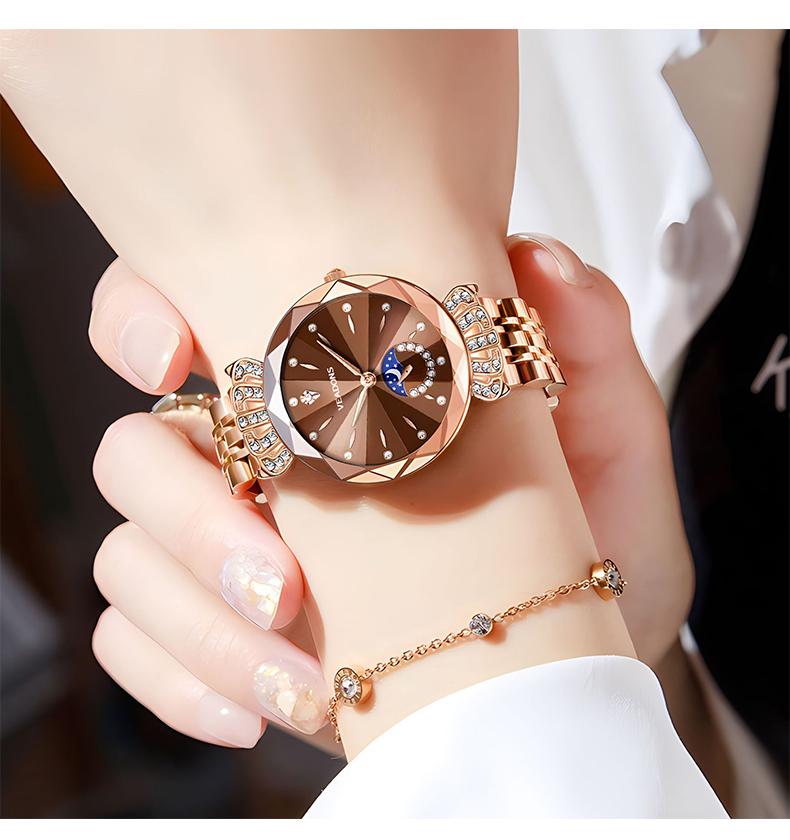 Ludmila Luxury Women's Jewelry Watch Diamond Cut Crystal Stainless Steel Waterproof Moon Star Sun Design Elegant Wristwatch Anniversary Gift for Her