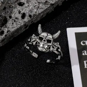 Monster Tales Men's Gothic Skull Ring Ox Head Vintage Silver Adjustable Open Ring Punk Style Jewelry for Finger Accessory