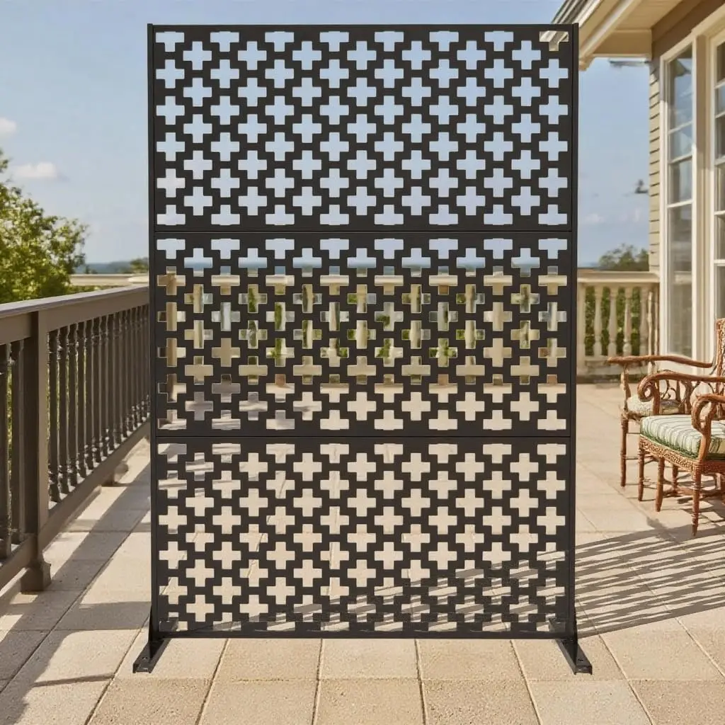 Black Metal Privacy Screen Outdoor, 72" h×47" w Privacy Fence Galvanized Steel Decorative with Stand, Room Divider Panel for Patio, Deck, Balcony, Garden, Indoor, Outdoor