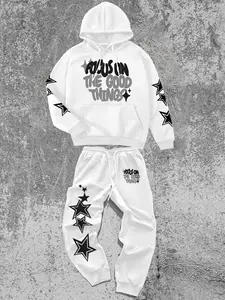 Men's Fall Winter 2-Piece Set Thick American Style Star Letter Print Hoodie + Star Pattern Pants, Long Sleeve Fitted Streetwear Fashion