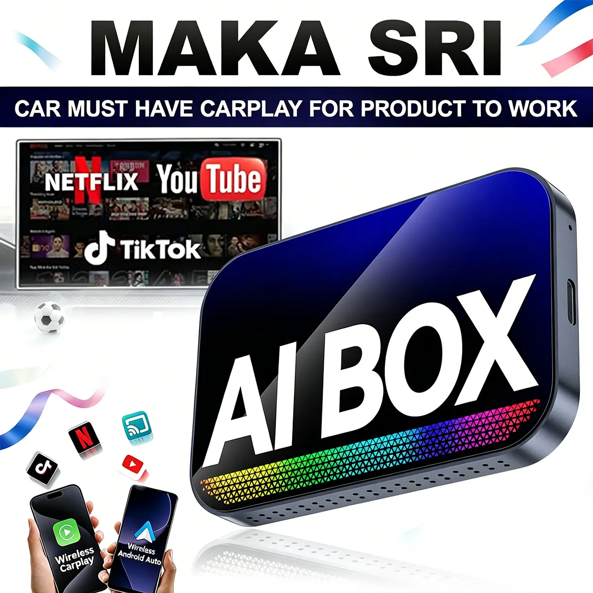 【Summervibes】MAKASRI Wired to Wireless Carplay Adapter【Not support for Tesla & BMW】Supports Netflix/Youtube/TikTok APP to Play Video on a Car Screen (Do Not Support Vehicles with Built-in Wireless CarPlay) ,Your Entertainment Co-pilot on the Road!