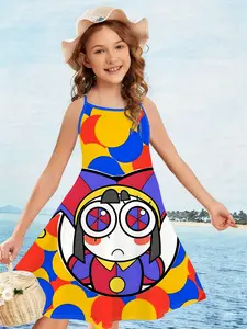 Girls' Sling Dress "The Amazing Digital Circus Pomni Style" Contrast color cartoon print design, skin-friendly and breathable A-line skirt, suitable for campus daily wear / seaside vacation / summer outings