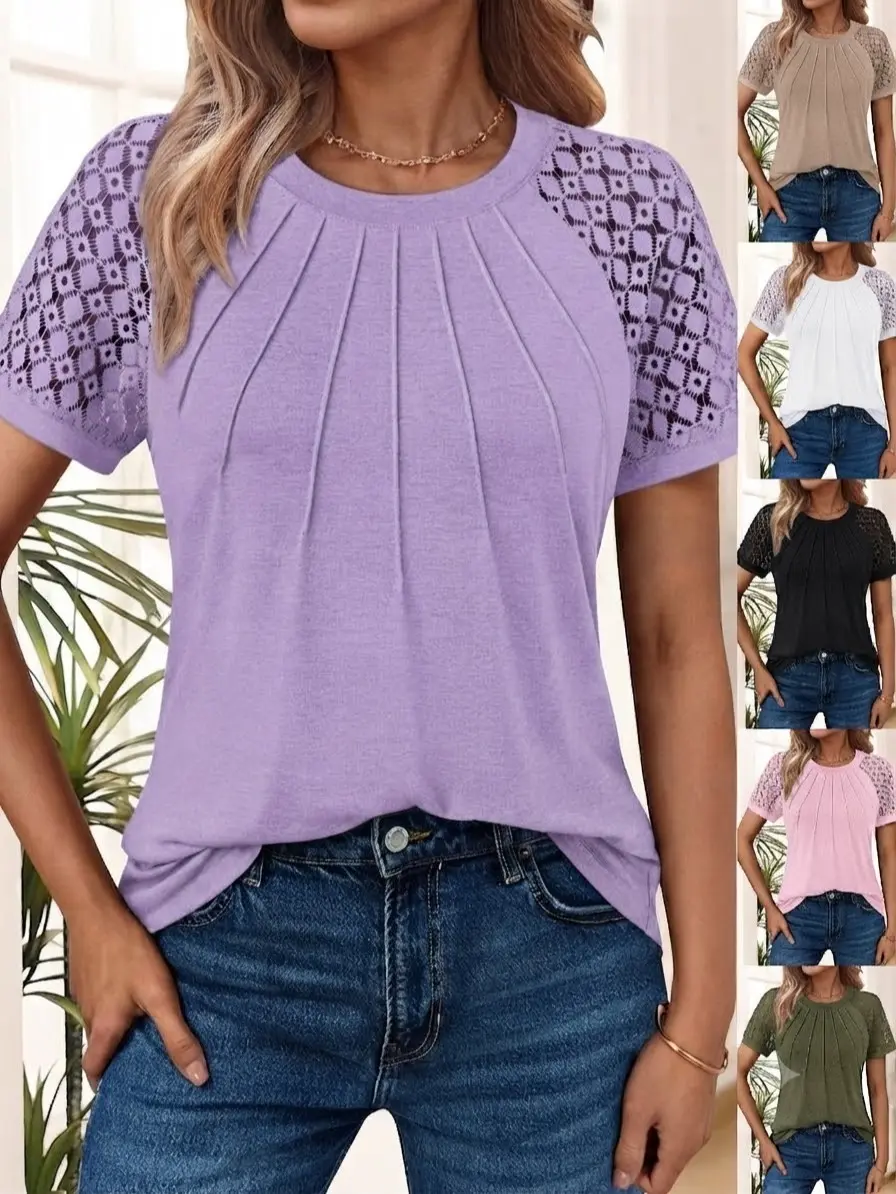 Women’s Short Sleeve T-Shirt - Pleated Round Neck Lace Patchwork Blouse, Comfortable Flowy Loose Fit, Elegant Style for Daily Spring Summer Work Outfits, Womenswear Top