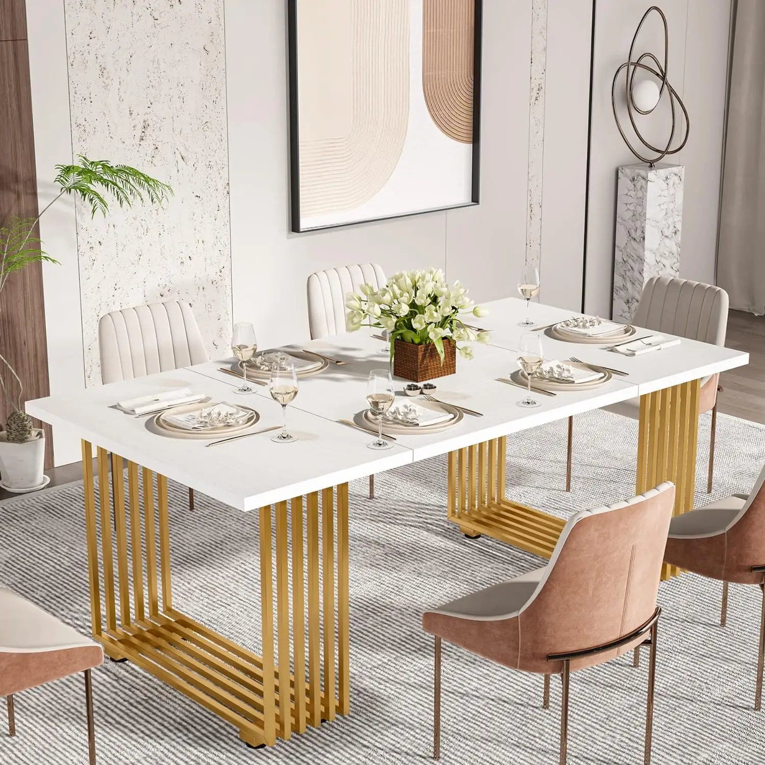 Tribesigns Modern Dining Table for 6-8, Wood Kitchen Table with Sturdy Metal Legs