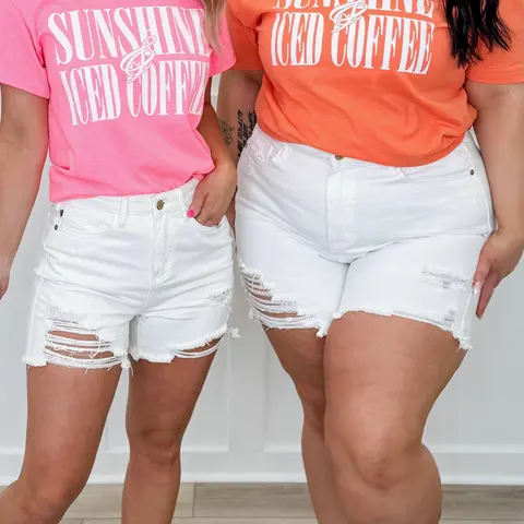 Judy Blue Women's High-Waist Distressed Opaque White Denim Shorts - Rigid Magic Stretch Cotton-Spandex Fabric, Highrise Hold, Supportive Structure, 18W/1XL/2XL/3XL True Curvy Fit, Casual Bottom, Front Structured Smoothing, Short Inseam, Stylish Design