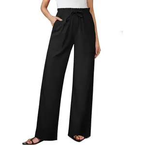 Womens Linen Wide Leg Pants, High Waisted Flowy Palazzo with Pockets Summer Drawstring Trousers Beach Travel Work