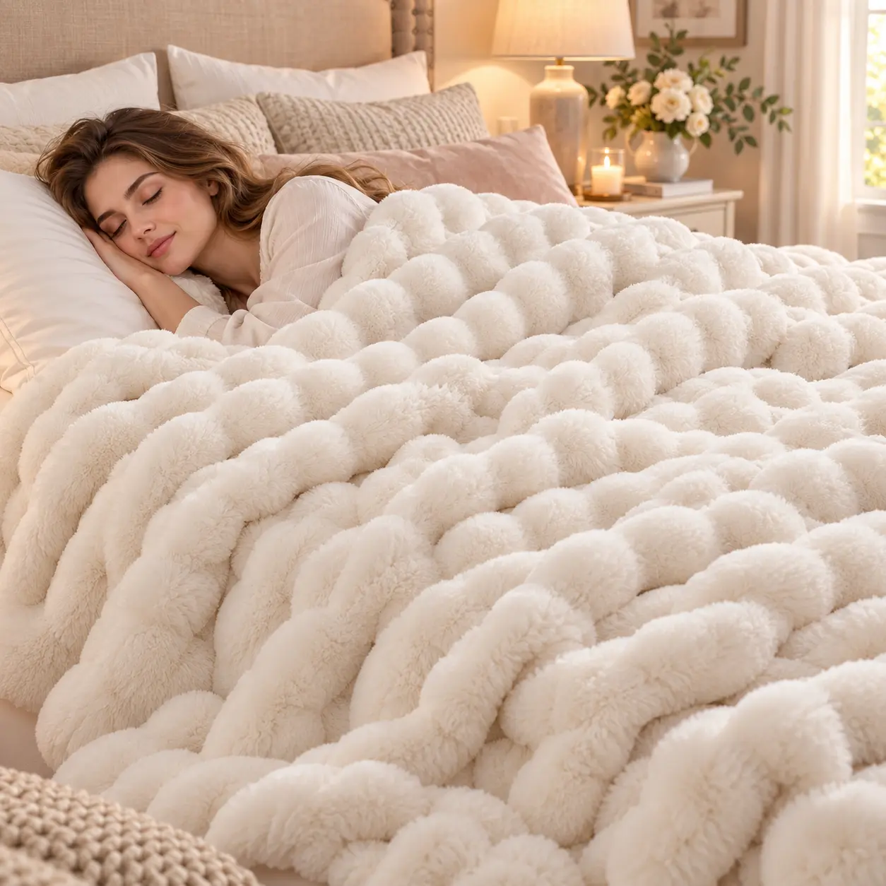 Raybee 750GSM Faux Rabbit Fur Bubble Comforter Blanket - 750gsm Thick Warmth Cozy Warm, Heavyweight Plush for Bedroom/Living Bed Couch, Home/Travel Bedding, Blanket Gifts for Women Men, 70x79 Inches