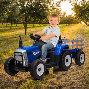 Blue 12V Kids Ride On Tractor With Trailer Remote Control LED Lights And Bluetooth Music Powerful Off Road Blue