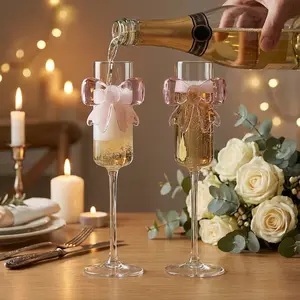 2-PCS Creative High Borosilicate Glass Red Wine Glass Bowknot Goblet Valentine's Day Romantic Pink Bowknot Champagne Glass Stylish Drinkware Lightweight Drinkware Transparent