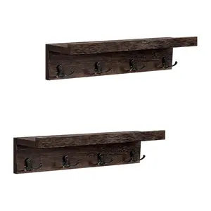 Terby Coat Hooks with Shelf and Double Key Hooks Wall Mount Set of 2 Wood Entryway Hanging Coat Rack Holder Floating Shelves for Coat Scarves Bags Hat, Brown